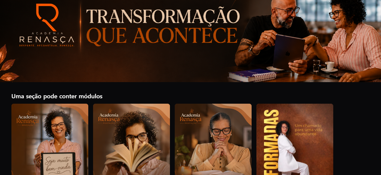 Tela da comunidade Academia Renasça, com banner e módulos exibidos